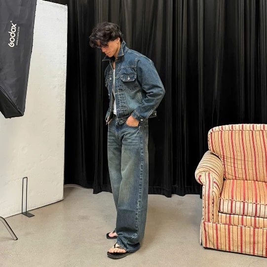 Set Quần Áo Denim B Brown Form Crop Kèm Quần Ống Rộng Wide Leg - B Brown Denim On Denim Marcello Jacket