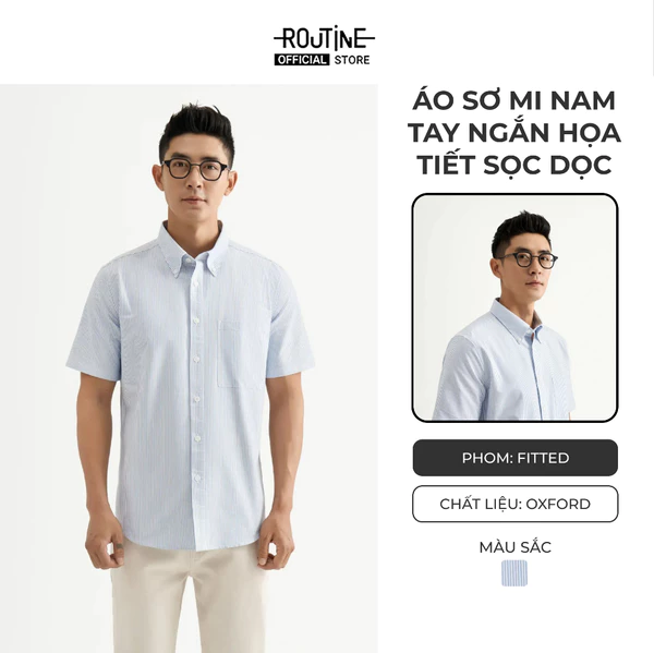 Áo Sơ Mi Nam Tay Ngắn Vải Cotton Họa Tiết Sọc Dọc Form Fitted - Routine 10S25SHS021