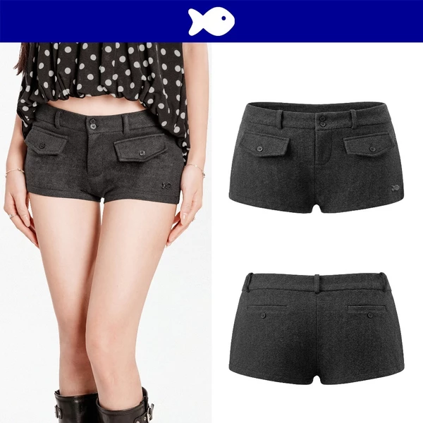 Quần short nữ lưng thấp DKMV thiết kế nắp túi giả đính nút điệu đà chất umi dạ màu xám tiêu Melody Short | K-Q9
