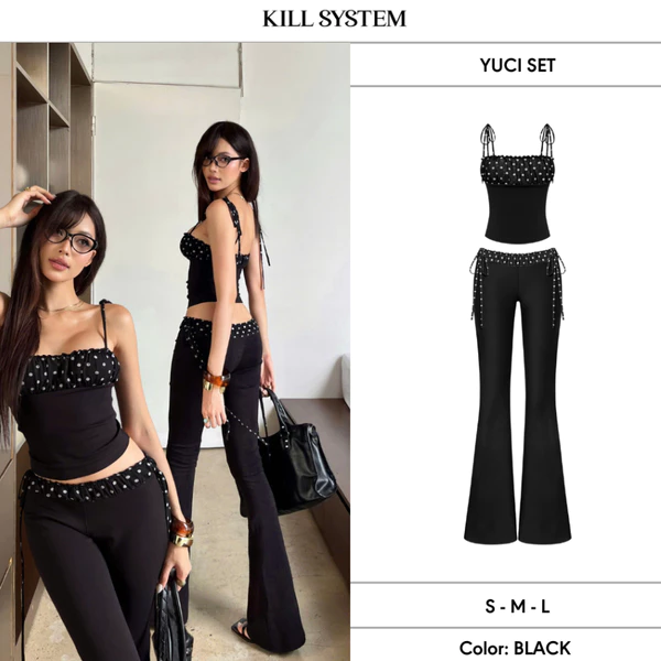 Set áo 2 dây và quần ống loe chấm bi ôm body YUCI - 𝐊𝐈𝐋𝐋 𝐒𝐘𝐒𝐓𝐄𝐌