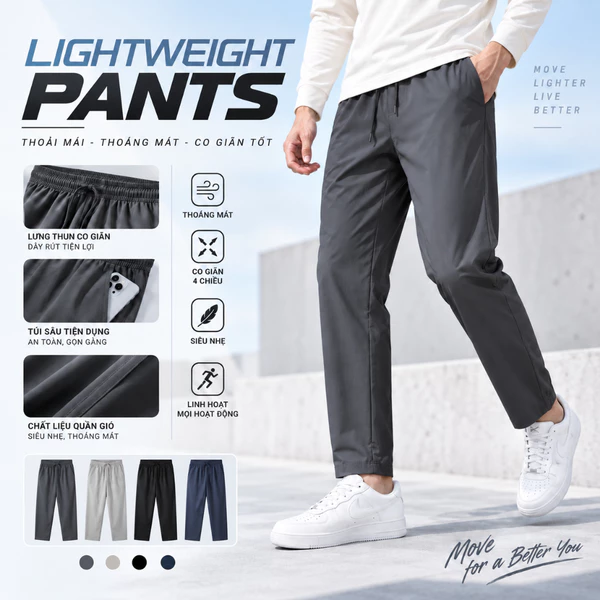 Quần gió nam LIGHTWEIGHT PANTS TORANO trơn, thể thao, siêu nhẹ, thoái mái, dáng basic EWBW001