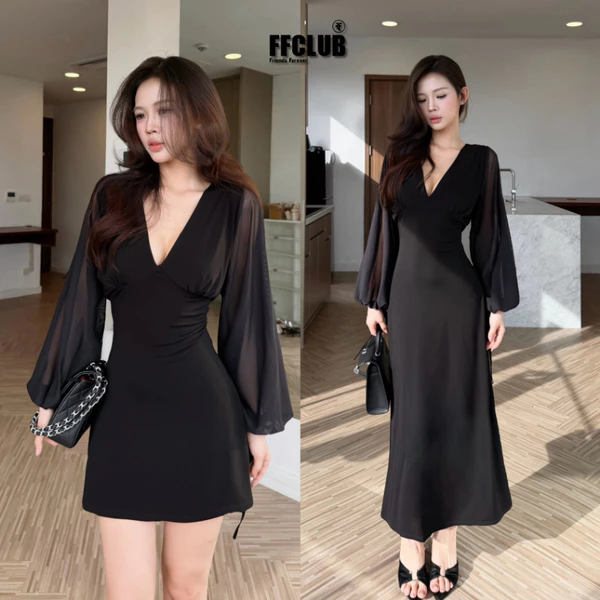 FFCLUB - ĐẦM MOCHA PHỐI LƯỚI TAY DÀI