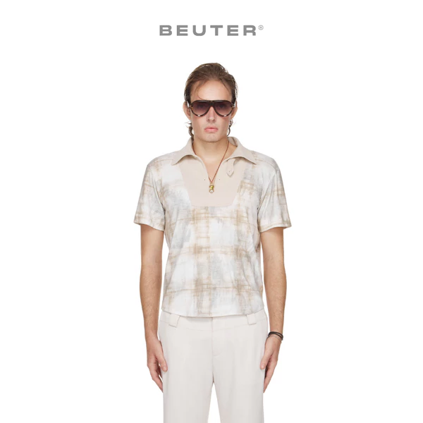 Áo Polo Nam Cổ Xẻ Hoạ Tiết Màu Be - BEUTER® SHAPED RELAXED FIT COLLARED SPLIT-NECK POLO - BEIGE