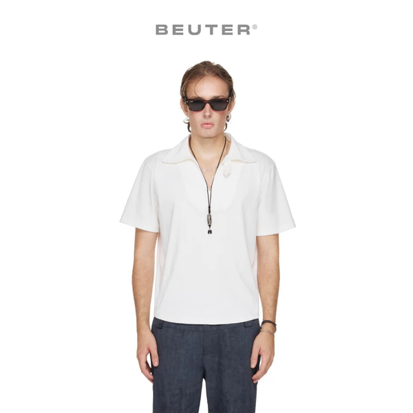 Áo Polo Nam Cổ Xẻ Trơn Màu Trắng - BEUTER® SHAPED RELAXED FIT COLLARED SPLIT-NECK POLO - WHITE