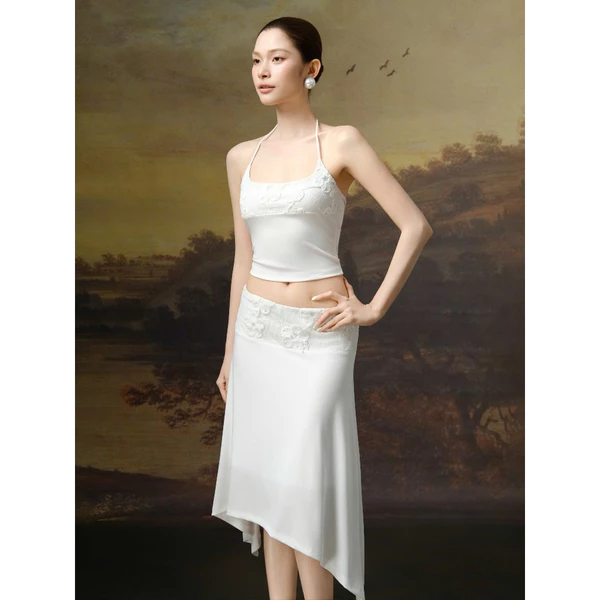 RUBIES Kissy Set - Set Áo Váy Nữ Vải Thun Cotton Phối Ren Áo Cổ Yếm Váy Xòe