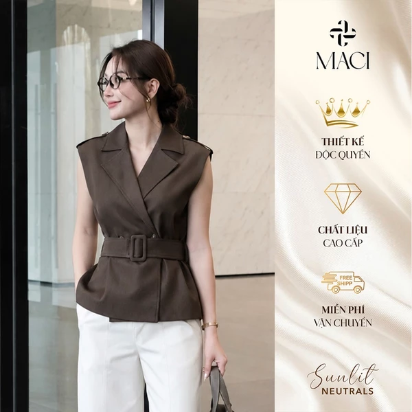 Áo Gile Blazer Kèm Đai Màu Nâu Choco Trầm Chất Bò Lụa MACI MCAGLNA0409 Thời Trang Nữ Thiết Kế