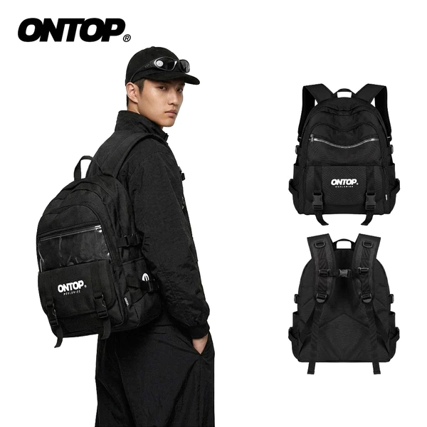 Balo nhiều ngăn màu đen nam nữ ONTOP vải canvas đựng vừa laptop 15.6 inches local brand School | O-P20