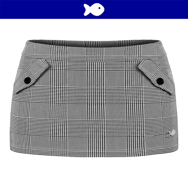 Chân váy ôm kiểu nữ ngắn DKMV sẵn quần trong lưng thấp màu xám caro đen 2 nắp túi giả logo cá Siren Skirt | K-V23-CRD