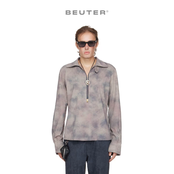 Áo Polo Nam Tay Dài Cổ Xẻ Hoạ Tiết Màu Xám - BEUTER® SHAPED RELAXED COLLARED SPLIT-NECK LONG SLEEVE POLO - GRAY
