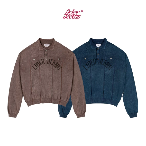 LIDER Jeans | Áo Polo Len Dệt Wash Màu Tay Dài Unisex LIDER LDJ AGED KNIT