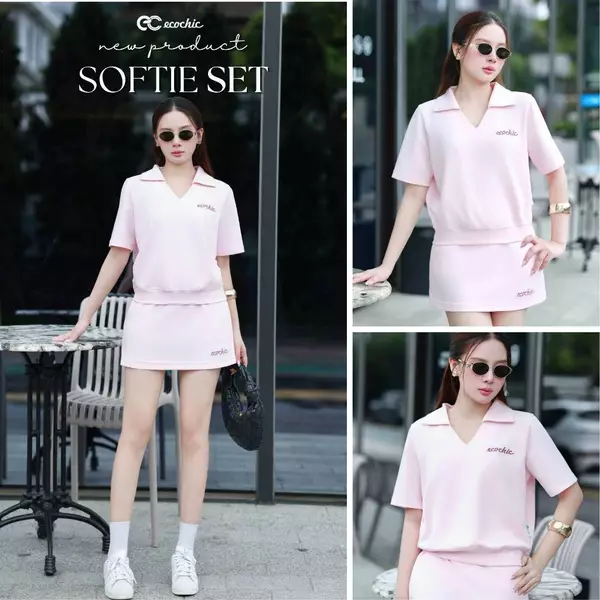 Set Chân Váy ECOCHIC B247 Áo Cổ V Polo Chân Váy Thun Cạp Chun Logo Thêu Chất Liệu Cao Cấp Mềm Mịn