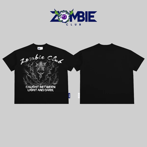 Áo thun boxy, zombie club, HEAVEN OR HELL in nổi, form rộng,couple unisex, cotton 2 chiều 250gsm