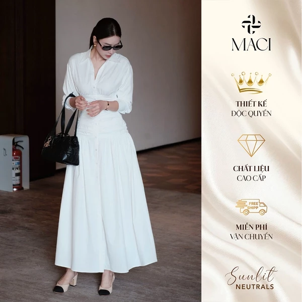 Đầm Sơ Mi Dáng Dài Nhún Eo 2 Lớp Chất Kaki Lạnh MACI MCVVATR0410 Thời Trang Nữ Thiết Kế Độc Quyền