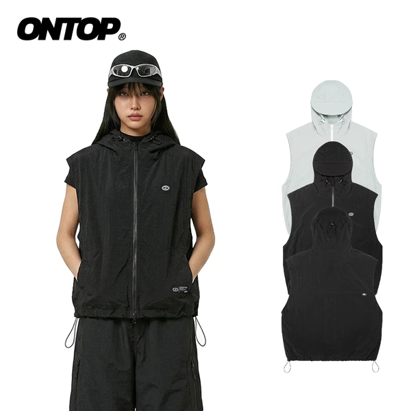 Áo gile nam vải dù hai lớp ONTOP màu đen và xám có mũ Nylon Hooded Vest | O-AK1