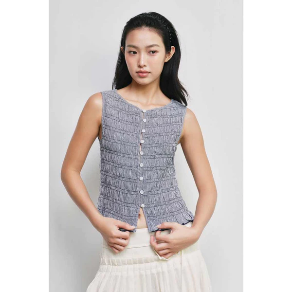 LIBÉ WORKSHOP - Áo kiểu chạy chỉ thun hoạ tiết caro vàng 7798