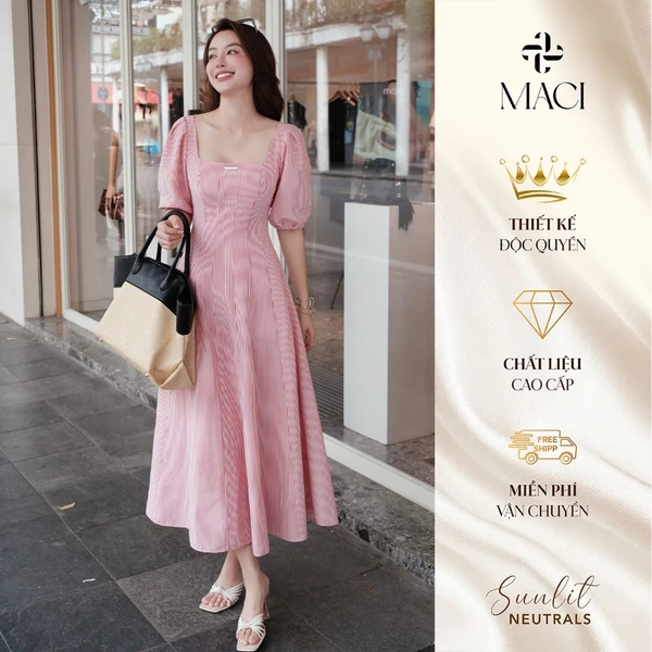 Đầm Kẻ Dáng Xoè Bổ Thân Tôn Dáng Chất Thô Hàn MACI MCVVAHO0392 Thời Trang Nữ Thiết Kế Độc Quyền
