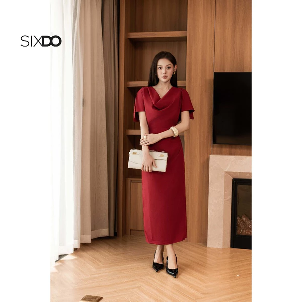 Đầm bút chì đỏ cổ đổ ngắn tay SIXDO (Dark Red Woven Pencil Dress)