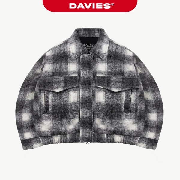 Áo khoác bomber nỉ nam nữ DAVIES hoạ tiết caro màu đen có túi vuông to tag inox Crop Bomber Jacket Classy | D36-AK2-CRXD