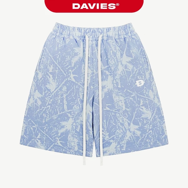 Quần nỉ bông nam nữ short lửng DAVIES lưng thun buộc dây hoạ tiết lá rừng màu xanh dương Commando Short | D-Q17-XAD