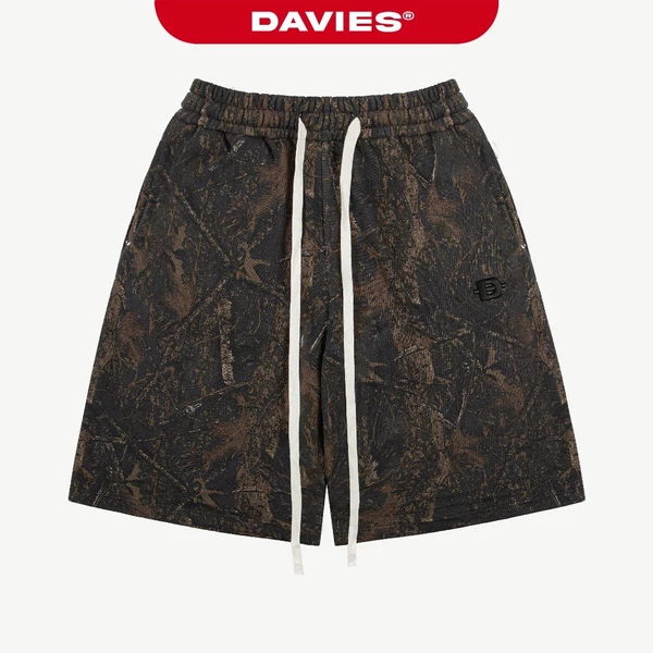 Quần short lửng lưng chun cột dây DAVIES nỉ bông hoạ tiết lá rừng màu đen nâu thêu logo hiphop Commando Short | D-Q17-DN