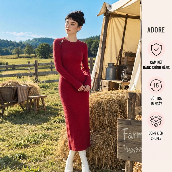 Đầm len đen/đỏ vặn thừng phối khuy - 512DR9005 ADORE
