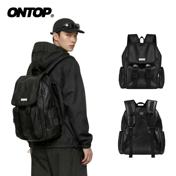 Balo da đen trơn nam nữ ONTOP chống nước nhiều ngăn đựng laptop local brand Big Buckle Backpack | O-P33