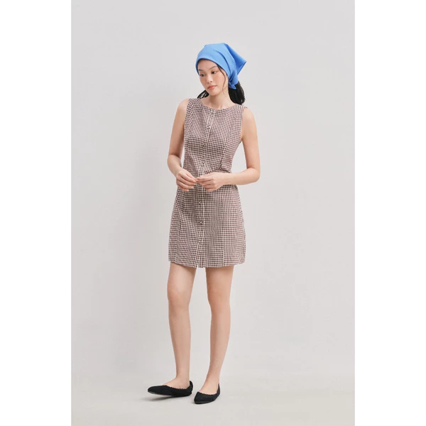 Đầm ngắn Nữ LIBÉ Mini Dress Gingham caro Nâu Trắng 7770