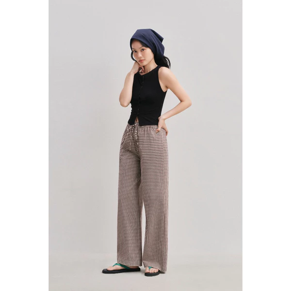 Quần ống suông Nữ LIBÉ Straight Leg Trousers Gingham Caro Nâu Trắng 7814