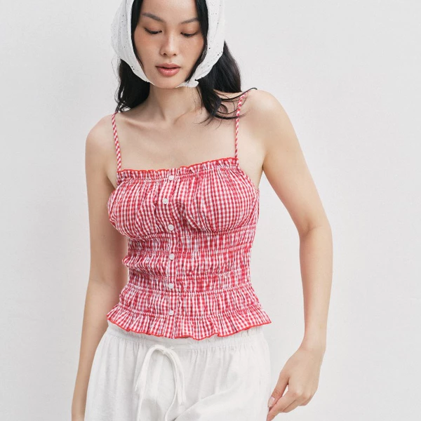 Áo kiểu hai dây dáng ôm LIBÉ Ruched Cami Gingham đỏ trắng 7799