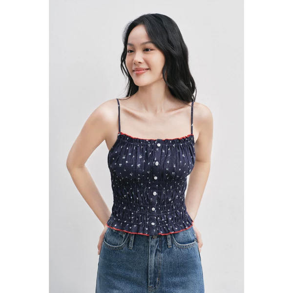 Áo hai dây dáng ôm LIBÉ Ruched Cami Xanh Navy Hoa Nhí Trắng 7834