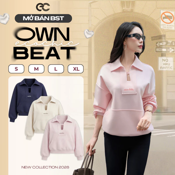 [LIVE KOL] Áo Sweater Polo ECOCHIC SB07 Cổ Vuông Phối Dây Có Túi Đựng Logo Thêu Chất Liệu Nỉ Cao Cấp Mềm Mịn Chính Hãng