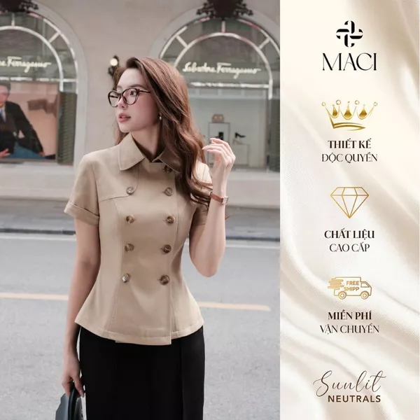 Áo Kí Giả Cổ Đức Khuy Đối Xứng Chất Kaki Hàn MACI MCAABBE0411 Thời Trang Nữ Thiết Kế Độc Quyền