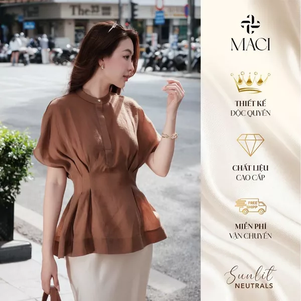 Áo Sơ Mi Dáng Peplum Chiết Eo Cổ Tàu Chất Tơ Hàn Ánh Nhũ MACI MCASMNA0412 Thời Trang Nữ Thiết Kế