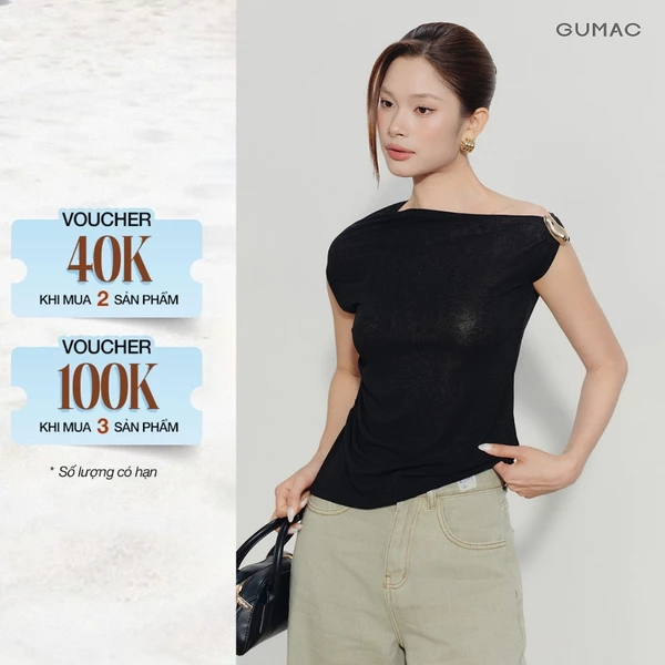 [VOUCHER 22%] Áo Thun Nữ GUMAC Form Slim Cổ Lệch Phối Khoen Kim Loại Tay Ngắn Nhún Eo Tôn Dáng Nữ Tính ATG08066