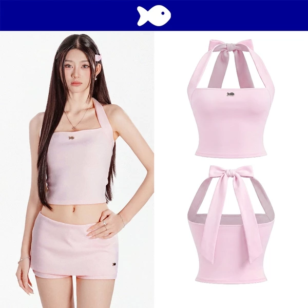 Áo kiểu nữ cổ yếm thắt nơ croptop DKMV đính logo cá inox ôm dáng thun co giãn màu hồng Chime Set | K-SET35-T-H