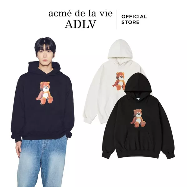 Áo Hoodie ADLV AC Teddy Bear dáng oversized màu Đen/Kem - Hàng chính hãng