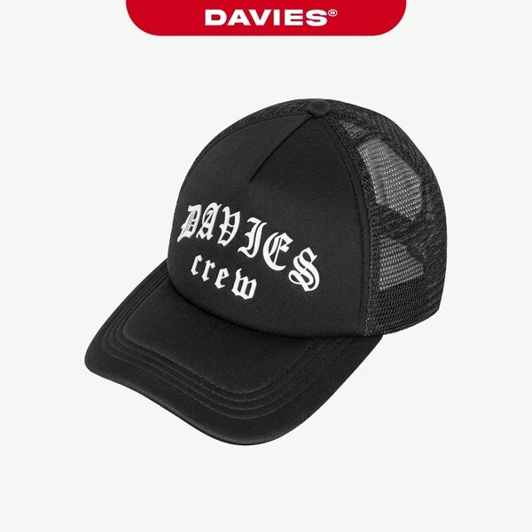 Mũ lưỡi trai hip hop phối lưới DAVIES thiết kế chữ cách điệu khuy cài bấm nút màu đen Engra Trucker Hat | D-C12-D