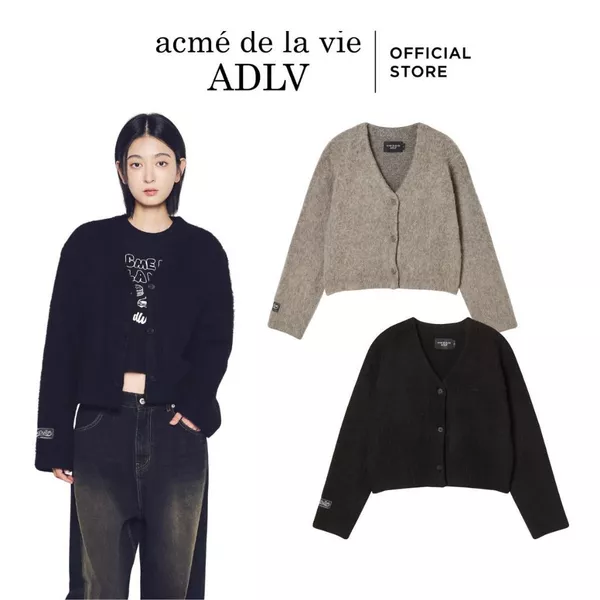 Áo Len Cardigan ADLV Nữ V Neck dáng crop Màu Đen/Cacao - Hàng chính hãng