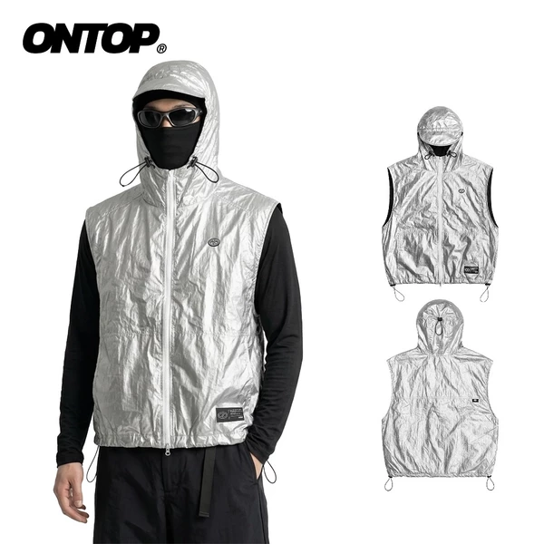 Áo khoác gile có mũ vải dù ONTOP màu xám 2 lớp có túi trong kèm dây rút Nylon Hooded Vest | O-AK16