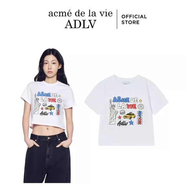 Áo Thun nữ ADLV NY Image dáng crop màu Trắng - Hàng chính hãng