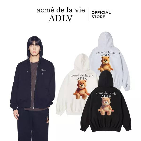 Áo Hoodie Kéo Khóa ADLV AC Bear Basic Logo dáng Oversized màu Đen/Kem/Muối tiêu - Hàng chính hãng