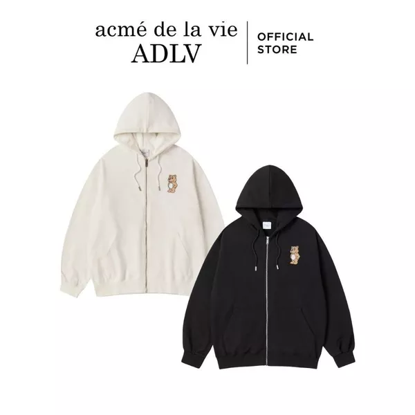 Áo Hoodie Kéo Khóa ADLV Stand 2D AC Bear dáng Oversized màu Đen/Trắng ngà- Hàng chính hãng