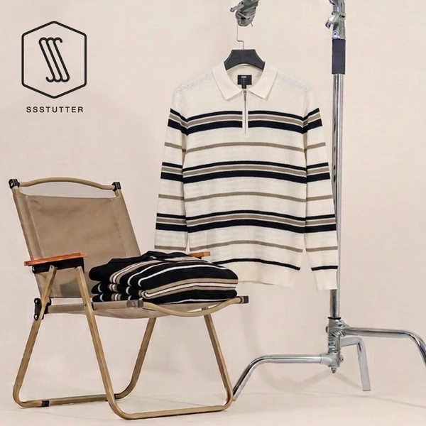 Áo Len Polo Nam SSSTUTTER MONTY STRIPE KNIT Kẻ Ngang Dài Tay Cổ Bẻ Khóa Kéo Form Basic