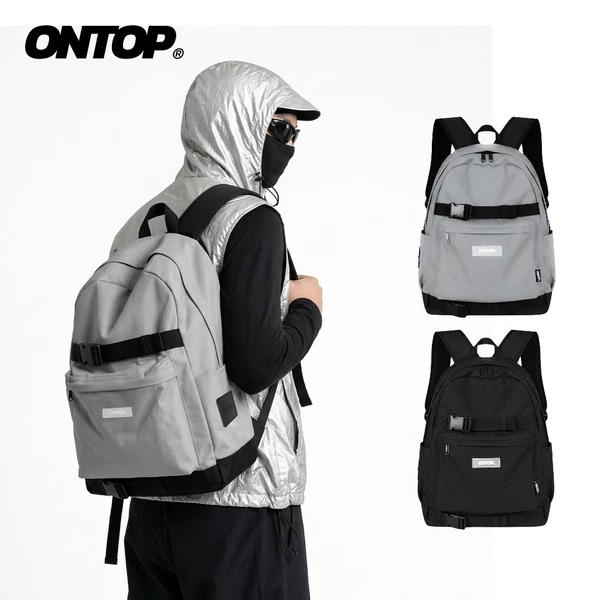 Balo canvas local brand nam nữ ONTOP đen xám nhiều ngăn đựng laptop, khóa gài ván trượt Defense Backpack | O-P35