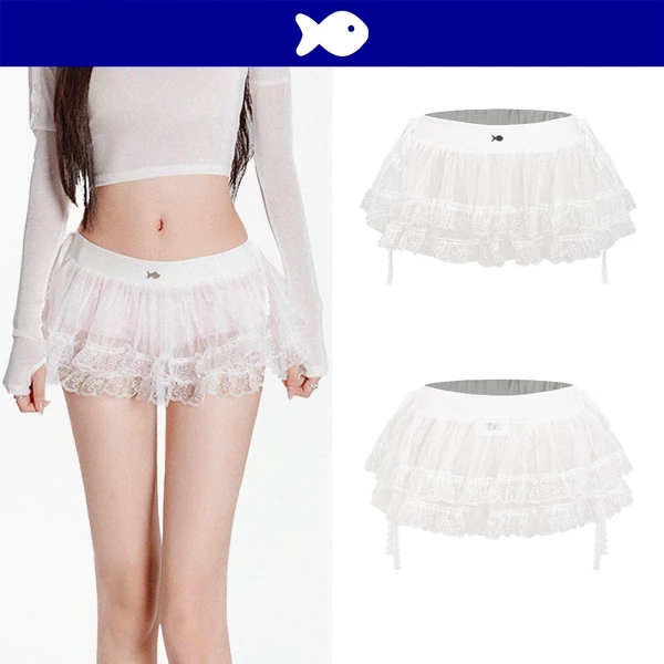 Chân váy xòe tầng dáng ballet xuyên thấu DKMV phối ren thắt nơ 2 bên logo cá inox màu trắng Tulle Ballet Skirt | K-V6-T