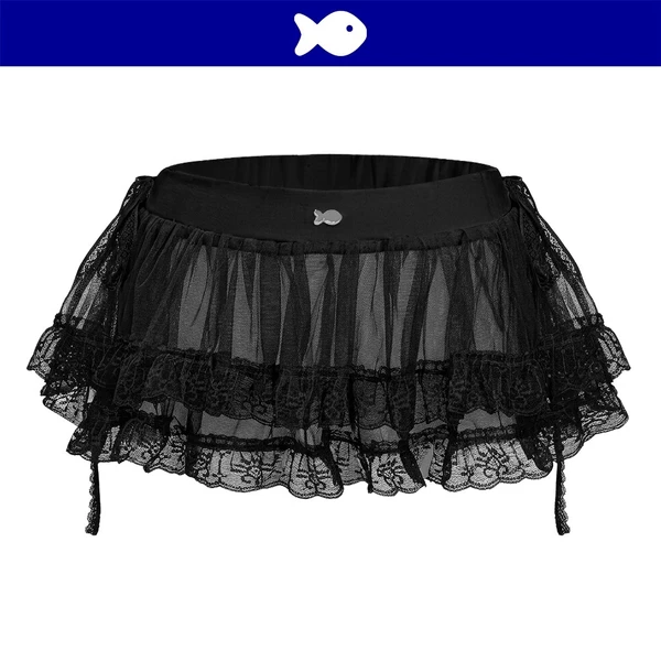 Chân váy ballet xòe tầng xuyên thấu DKMV thiết kế phối ren cột nơ hông màu đen đính logo cá Tulle Ballet Skirt | K-V6-D