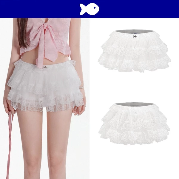 Chân váy xòe ngắn phối ren DKMV thiết kế xuyên thấu đính logo inox con cá màu trắng Cotton Candy Ballet Skirt | K-V7-T