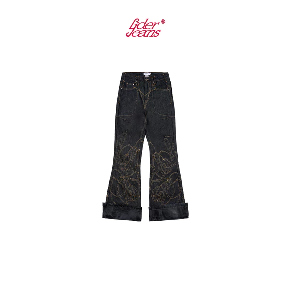 LIDER Jeans | Quần Jeans Ống Loe Unisex Thêu Chỉ Nổi Washed Màu LIDER AGED FOLDOVER FLARE JEANS