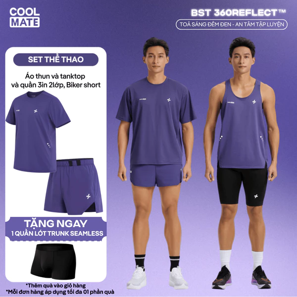 Set thể thao nam chạy bộ trail Áo thun, tanktop và quần short 2 lớp, biker 360Reflect phản quang mọi góc Coolmate