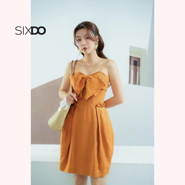 Đầm linen vàng hai dây nơ ngực SIXDO (Dark Yellow Strappy Mini Linen Dress)